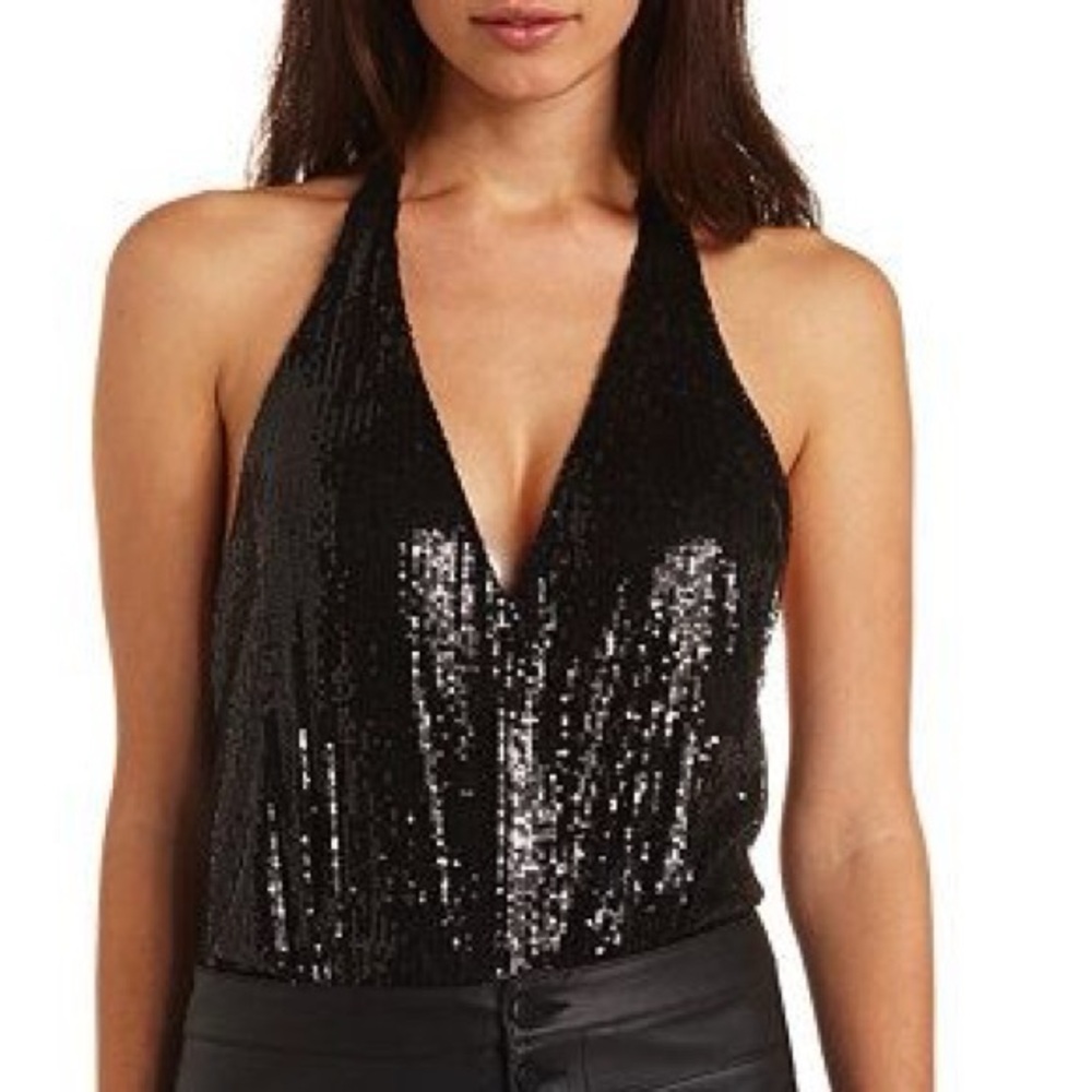 Charlotte Russe Black sequin plunging V-neck bodysuit, Size Medium